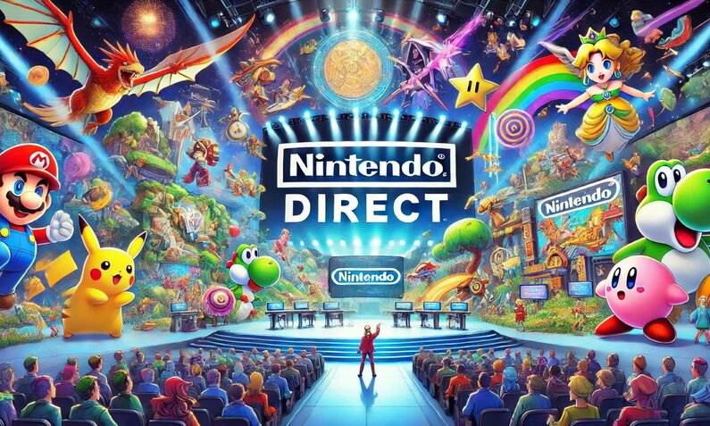 Publikum verfolgt eine bunte Nintendo Direct Präsentation mit Mario, Pikachu und weiteren ikonischen Figuren vor einer leuchtenden Bühne. | © Sabrina Forst / KI generiert