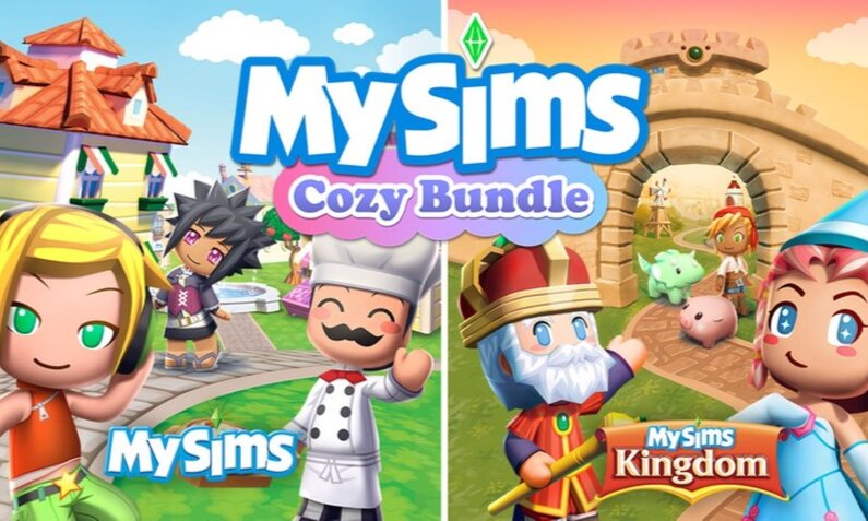 MySims-Charaktere in fröhlichen Stadt- und Königreich-Kulissen, beworben als "Cozy Bundle" mit leuchtendem Himmel im Hintergrund. | © Nintendo 