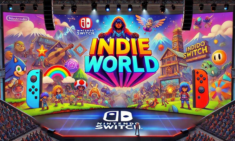 Präsentation einer farbenfrohen „Indie World“-Show auf der Nintendo Switch-Bühne, umgeben von spielerischen Elementen und Charakteren. | © Sabrina Forst / KI generiert