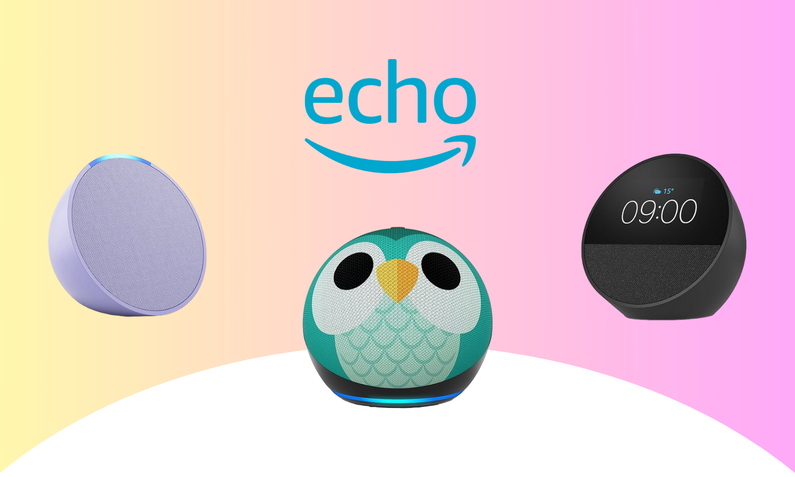 Die Lautsprecher von Amazon: Echo Dot in schwarz, Echo Spot in Schwarz und Echo Pop in grau | © Amazon