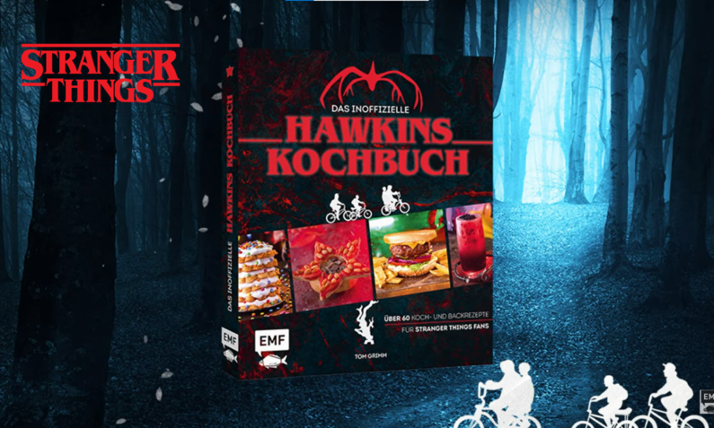 Der Schriftzug und das Cover des „Stranger Things“-Kochbuchs mit rotem Titel, Waldkulisse im Hintergrund und Bildern von Snacks und Gerichten. | © IFM