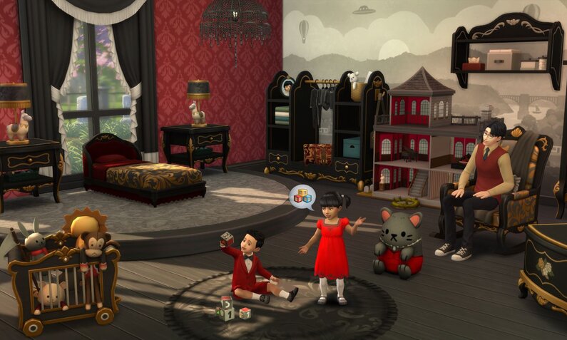 Zwei Kleinkinder in roten Kleidern spielen auf einem schwarzen Teppich in einem elegant eingerichteten Kinderzimmer mit roter Tapete. | © Electronic Arts