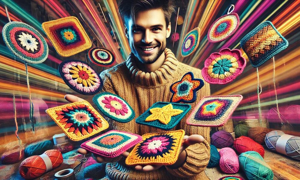 Ein junger Mann mit braunem Haar und Strickpullover hält strahlend bunte Topflappen in einer dynamischen, farbenfrohen Szene. | © Sabrina Forst / KI generiert