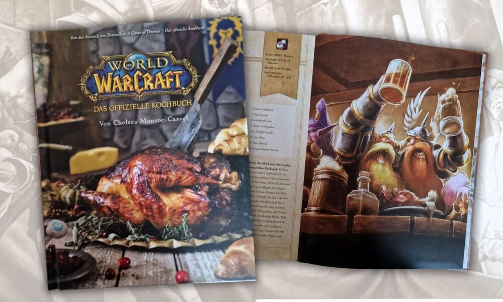 Das Cover des "World of Warcraft"-Kochbuchs zeigt ein gebratenes Hähnchen, daneben Käse und Brot, neben einem aufgeschlagenen Buch mit trinkenden Zwergen in Rüstungen. | © Sabrina Forst