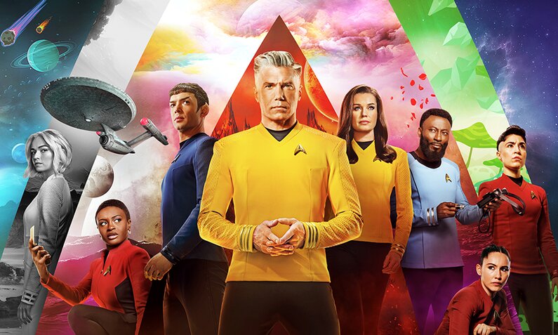 Rebecca Romijn, Anson Mount, Ethan Peck und Co.  auf dem Plakat zu Staffel 2 der Paramount-Serie "Star Trek: Strange New Worlds" | © Paramount+