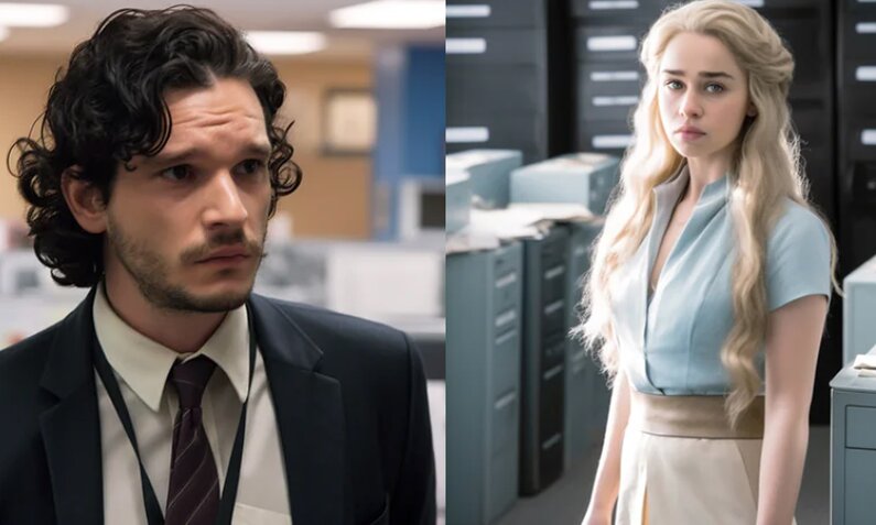 Die "Game of Thrones"-Charaktere John Snow und Daenerys im Büro | © Marehori/Midjourney