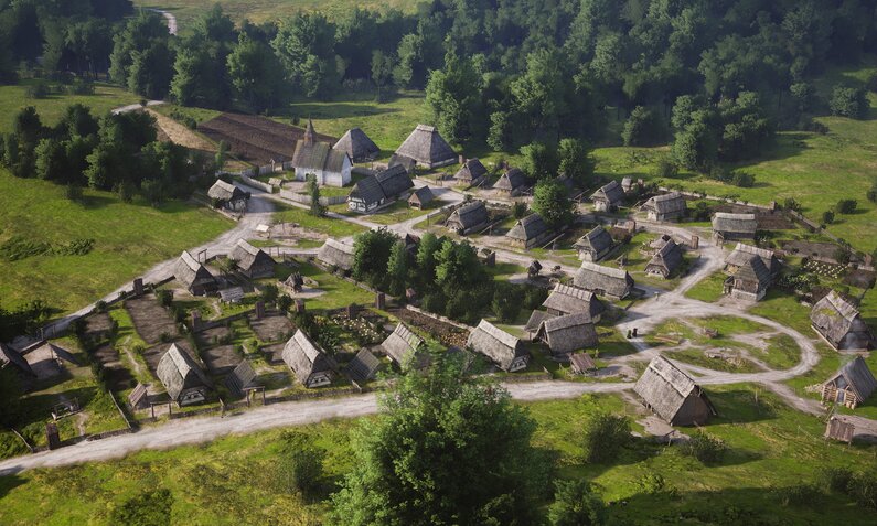 Idyllische Ansicht aus der Luft auf ein Dorf im Grünen mit kleinen Häusern mit Strohdach, Wegen und Feldern. | © Hooded Horse