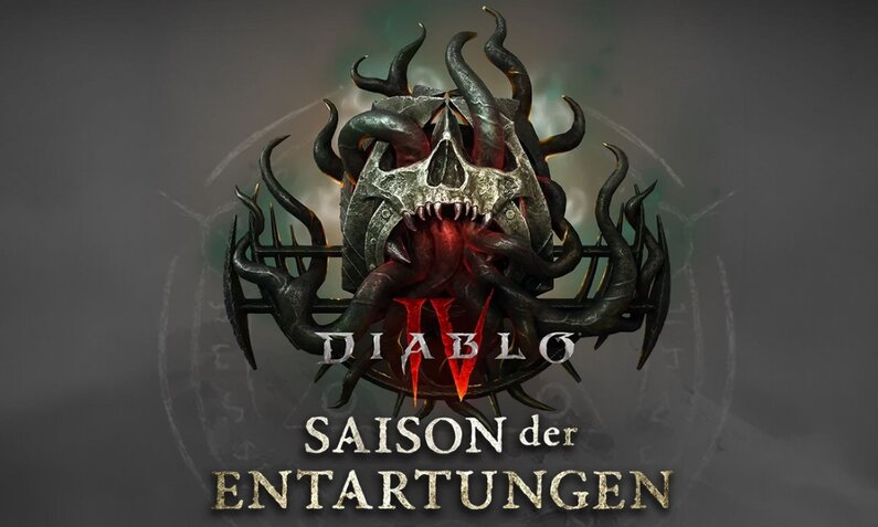 Ein Totenkopf, der von schlangenartigen Tentakeln erfüllt ist, die aus Mund und Augenhöhlen quellen. Darunter der Schriftzug Diablo 4 Saison der Entartungen | © Blizzard