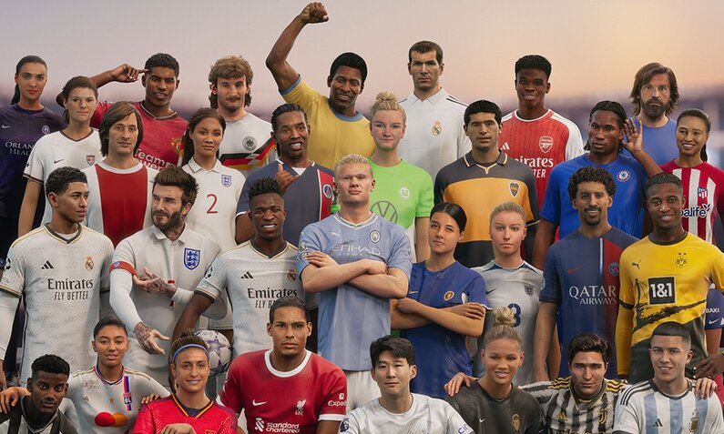 Ein Gruppenbild mit vielen bekantnen Fußballern, die wie auf einem Mannschaftsfoto aufgestellt sind. Unter anderem sind Pele, Erling Haaland und Zidane zu sehen, auch Rudi Völler und Alexandra Popp sind zu sehen. | © Electronic Arts