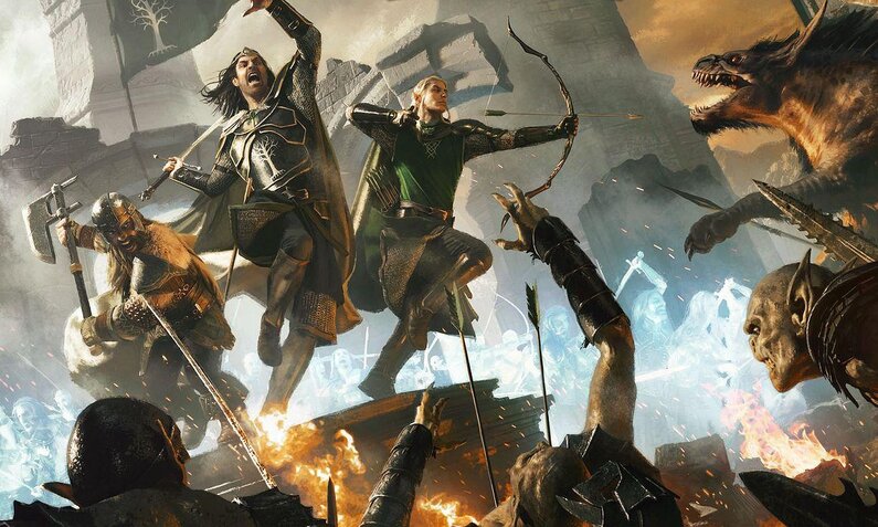 Ein Mensch, ein Elf und ein Zwerg kämpfen gegen Orks und Warge. Es ist wahrscheinlich, dass es sich um Aragorn, Legolas und Gimli handelt. | © Standing Stone Games