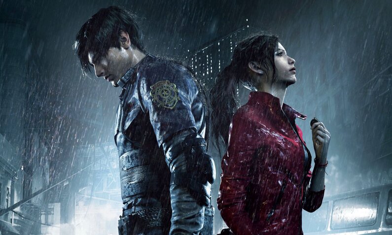 Leon und Claire stehen Rücken an Rücken im strömenden Regen. Es ist Nacht. | © Capcom