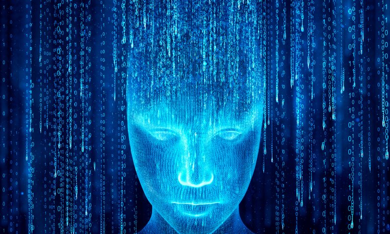 Ein blauer virtuell erzeugter Kopf schwebt vor einem schwarzen Hintergrund. | © Getty Images/Yuichiro Chino