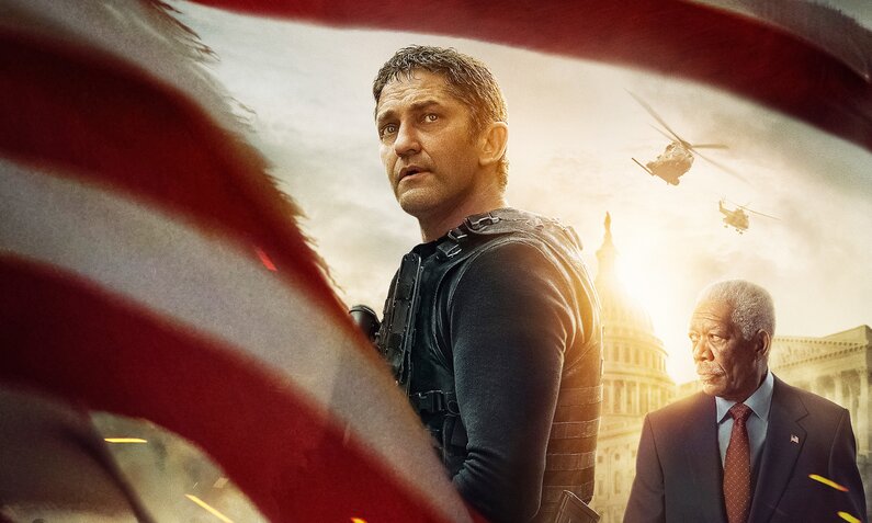 Gerard Butler als Secret Service Agent und Morgan Freeman als US-Präsident sind Key Art zum Film "Angel has fallen" hinter einer zerfetzten amerikanischen Flagge zu sehen | © ddp images/LMKMEDIA