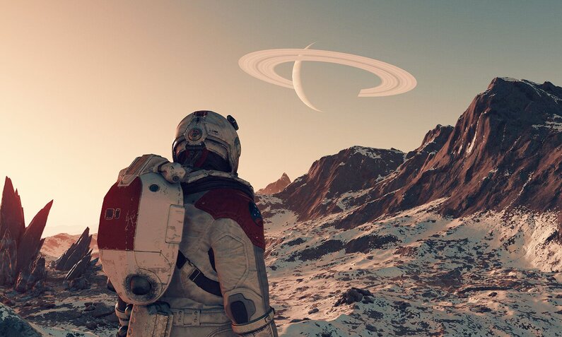 Ein Astronaut, dessen Gesicht verborgen ist, blickt von einer Planetenoberfläche in den Himmel, wo schwach ein Planet mit Ringen zu sehen ist. | © Bethesda
