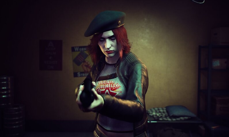 Eine junge Frau mit sark geschminkten Augen und einem blauen Barret auf dem Kopf hält eine Pistole in Richtung des Betrachters. | © Paradox Interactive