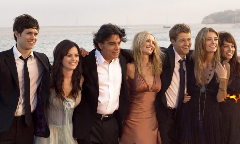 ADAM BRODY, RACHEL BILSON, PETER GALLAGHER, KELLY ROWAN, BENJAMIN McKENZIE, MISCHA BARTON und  MELINDA CLARKE in stehen nebeneinander am Pier in einer Szene aus der Serie "O.C., California" | © ddp images/ Capital Pict.