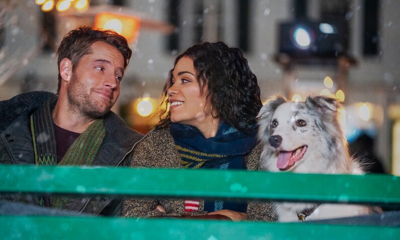 Justin Hartley und Barrett Doss sitzen in einer Szene aus dem Netflix-Film "A Noel Diary" nebeneinander mit einem Hund draußen bei Nacht vor einem erleuchteten Hhaus und sehen sich glücklich an. | © Netflix/KC Bailey
