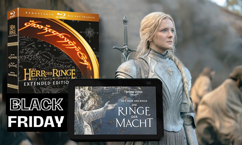 Amazon Echo und "Der Herr der Roinge" auf Blu-ray vor einem Bild aus der Prime Video Serie "Der Herr der Ringe - Die Ringe der Macht" mit Morfydd Clark als Galadriel in Kampfrüstung | © Amazon Studios/Prime Video/Matt Grace