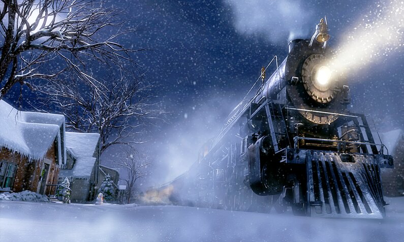 In einer animierten Filmszene aus "Der Polarexpress" fährt bei Nacht eine Zug in ein winterliches Städtchen. | ©  ddp images/United Archives