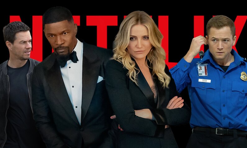 Montage mit Mark Wahlberg, Jamie Foxx, Cameron Diaz und Taron Egerton zu den neuen Netflix-Actionfilmen "The Union", "Carry on" und "Back in Action" vor dem Hintergrund des Netflix-Logos | © Netflix