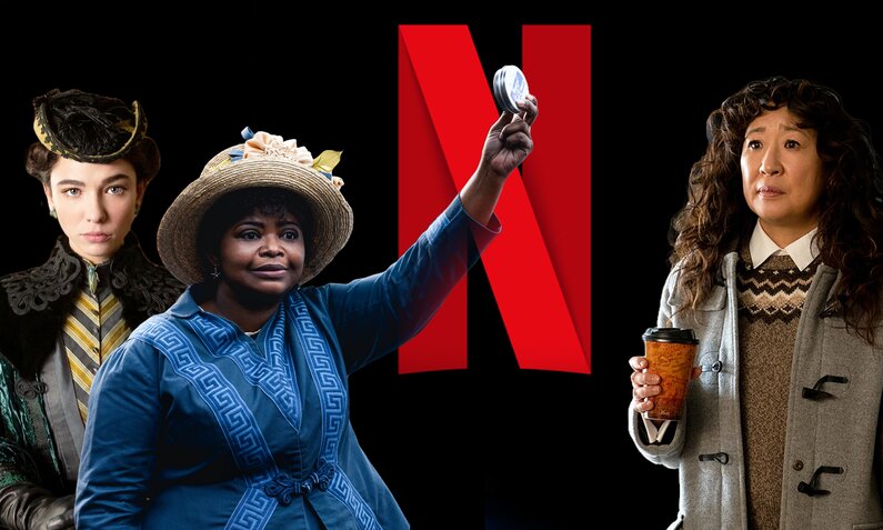 In einer Montage mit drei Netflix-Serienheld*innen sind Matilda De Angelis, Octavia Spencer und Sandra Oh vor schwarzem Hintergrund und dem roten Netflix-Logo-N zu sehen. | © Netflix