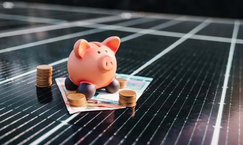 Sparschwein auf einem Solarmodul | © Getty Images/Mihail Minea/500px