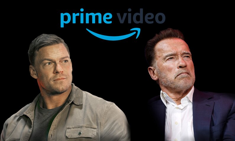 Montage von Alan Ritchson und Arnold Schwarzenegger vor dem Prime-Video-Logo auf schwarzem Hintergrund | © Prime Video/ddp images/Geisler/Christoph Hardt