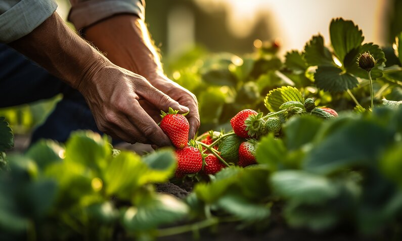Erdbeeren die aus dem eigenen Beet gepflückt werden | © Adobe Stock/ Yuwarin 