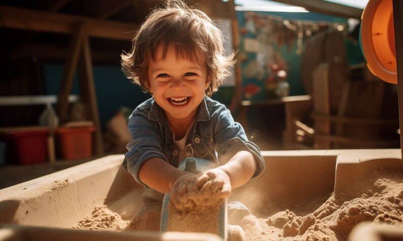 Fröhliches Kind füllt Sand in Spielzeug-LKW unter sommerlichem Licht. | © stockmotion /stock.adobe.com