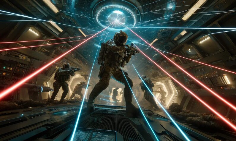 Futuristische Soldaten im Gefecht unter blauen und roten Lichtern in einem Raumschiff. | © Sabrina Forst / KI generiert