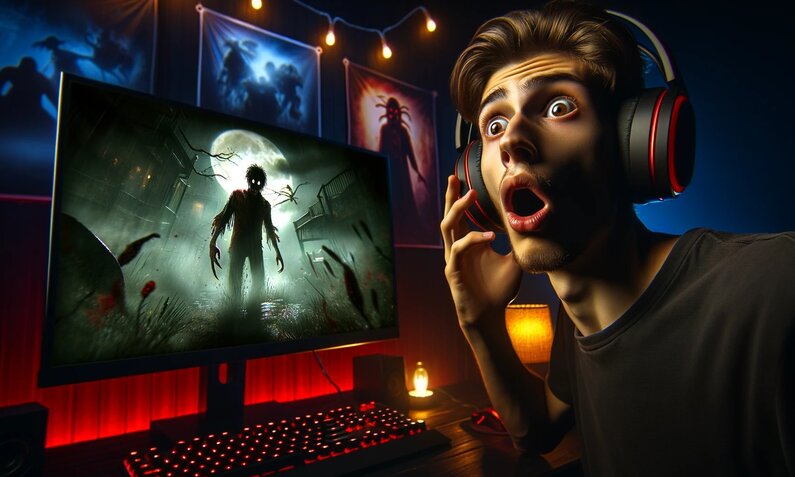 Erschrockener junger Gamer mit braunen Haaren und schwarzen Kopfhörern spielt ein Horror-Videospiel nachts. | © Sabrina Forst / KI generiert