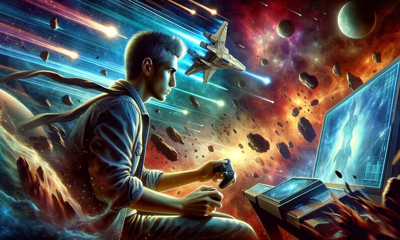 Ein junger Mann mit dunklem Haar spielt konzentriert ein Weltraumspiel auf einer Konsole, umgeben von einem farbenfrohen Universum mit Asteroiden und Planeten. | © Sabrina Forst / KI generiert