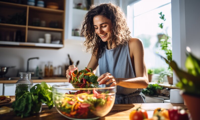 Junge Frau steht in Küche und bereitet einen Salat zu und lächelt dabei. | © Adobe Stock / MP Studio