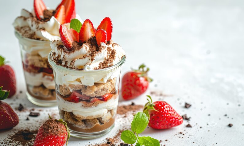 Zwei Dessertgläser befüllt mit Erdbeer-Tiramisu, daneben einige frische Erdbeeren und etwas frische Minze. | © Adobe Stock / LimeSky