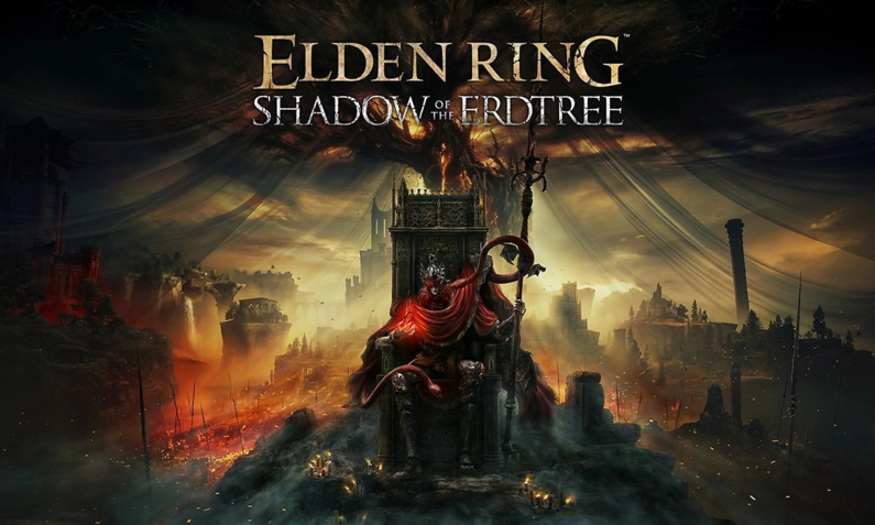 Eine bedrohliche Szene mit einem mystischen König auf einem Thron, umgeben von einem brennenden Schlachtfeld und zerfallenden Gebäuden im Hintergrund. Darüber der Schriftzug „Eldon Ring: Shadow of the Erdtree“:  | © Amazon/Bandai Namco