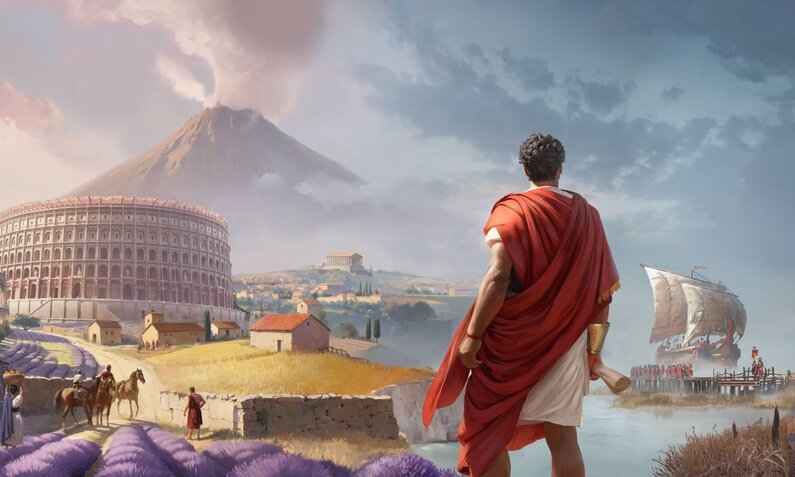 Antikes Szenario mit einem Mann in roter Toga, einem rauchenden Vulkan, einem großen Amphitheater und Lavendelfeldern im Vordergrund sowie Schiffen am Pier. | © Ubisoft