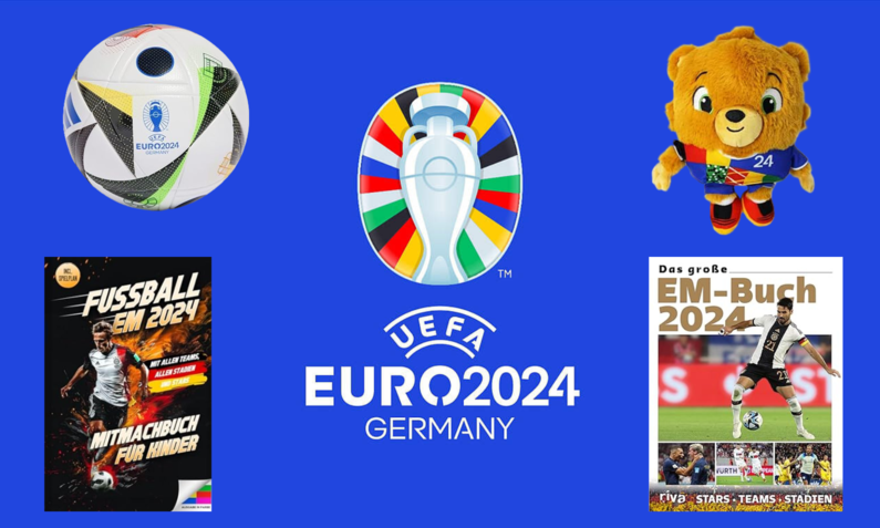 UEFA EURO 2024 Logo mit dem Maskottchen Albärt, offiziellem EM-Fußball und drei Mitmachbüchern auf blauem Hintergrund. | © Amazon/UEFA