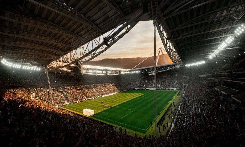 Fußballstadion mit vollen Tribünen und beleuchtetem Spielfeld, Fans jubeln, während die Spieler sich auf dem Platz versammeln.  | © Electronic Arts
