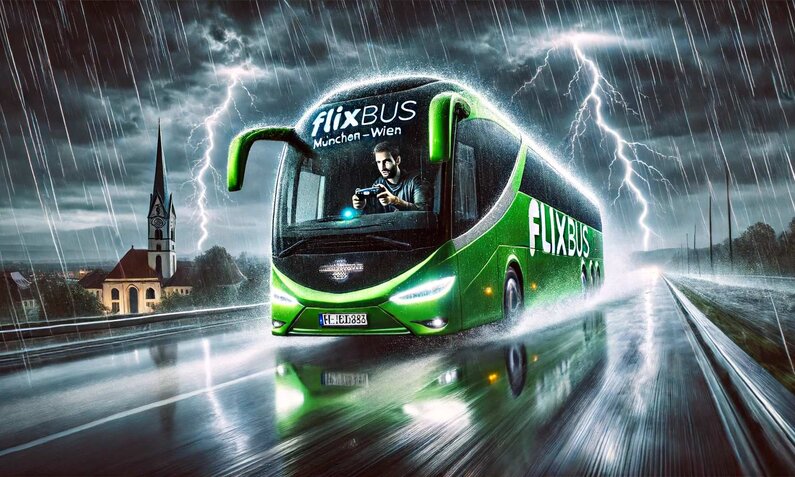 Ein grüner FlixBus fährt bei starkem Regen und Blitz auf nasser Straße, im Hintergrund eine beleuchtete Kirche. | © Sabrina Forst / KI generiert