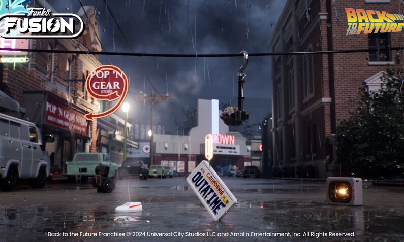 Verregnete Straßenszene mit einem heruntergefallenen „OUTATIME“-Nummernschild und einem weißen Sneaker vor dem „Pop 'N Gear“-Geschäft. | © Universal City Studios LLC