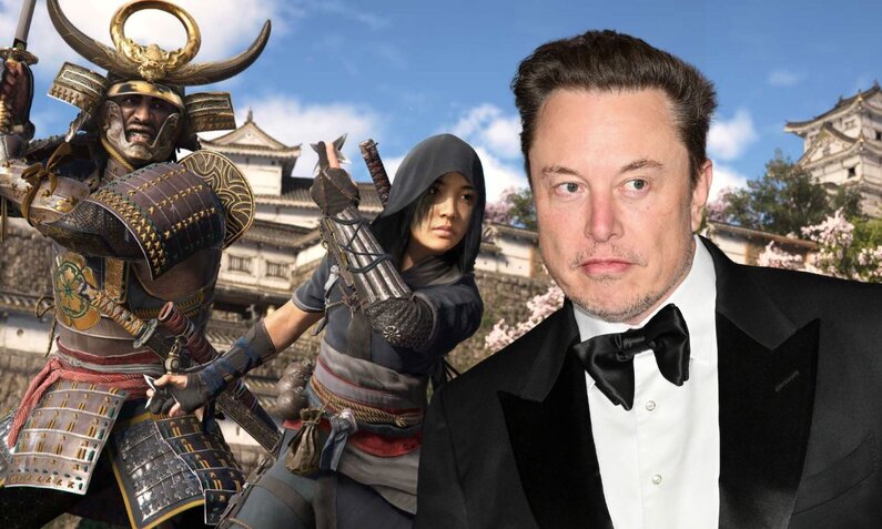 Samurai Yasuke und eine Kriegerin in Aktion vor einem traditionellen japanischen Schloss, daneben Elon Musk. | © Ubisoft + IMAGO / ZUMA Press Wire / Billy Bennight