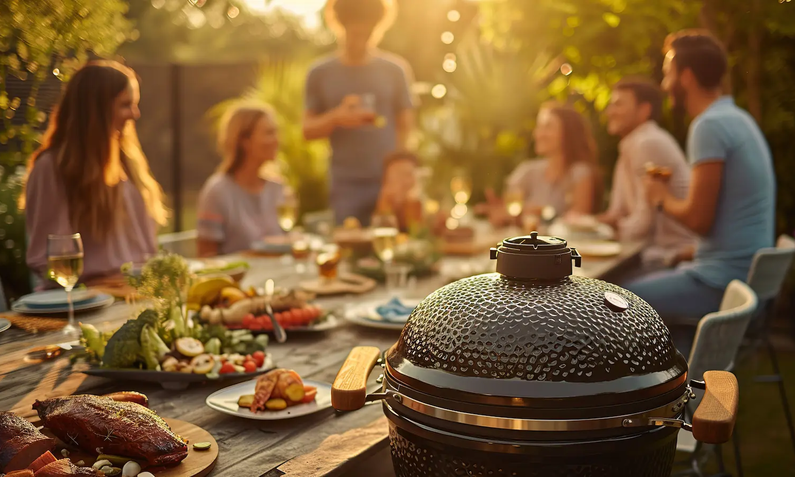 Rechts in der Ecke im Vordergrund der obere Teil eines schwarzen Keramikgrills, etwas verschwommen im Hintergrund ein großer mit diversen Speisen gedeckter Tisch an dem sechs junge Leute sitzen und stehen, gelbe Lichtstimmung, freundlich | © Oskar Reschke/ Adobe Stock