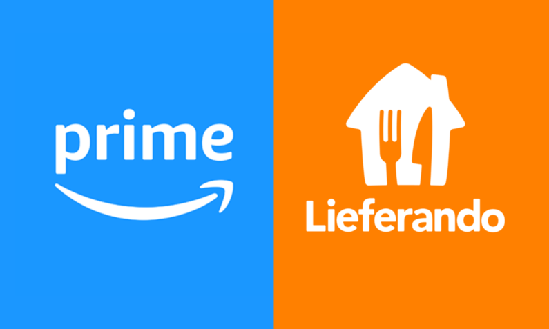 Die Logos von Amazon Prime und Lieferando in blau und orange | © Amazon/Lieferando