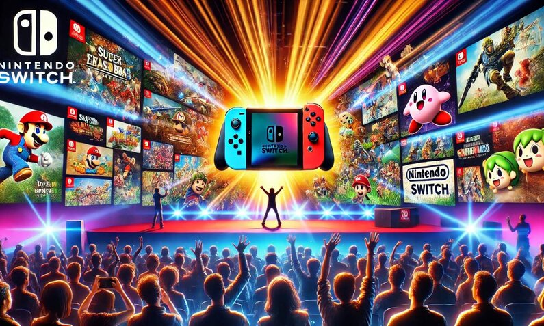 Bei einem Nintendo-Event strahlt eine große Nintendo Switch über einer jubelnden Menge, umgeben von leuchtenden Spielbildern. | © Sabrina Forst / KI generiert