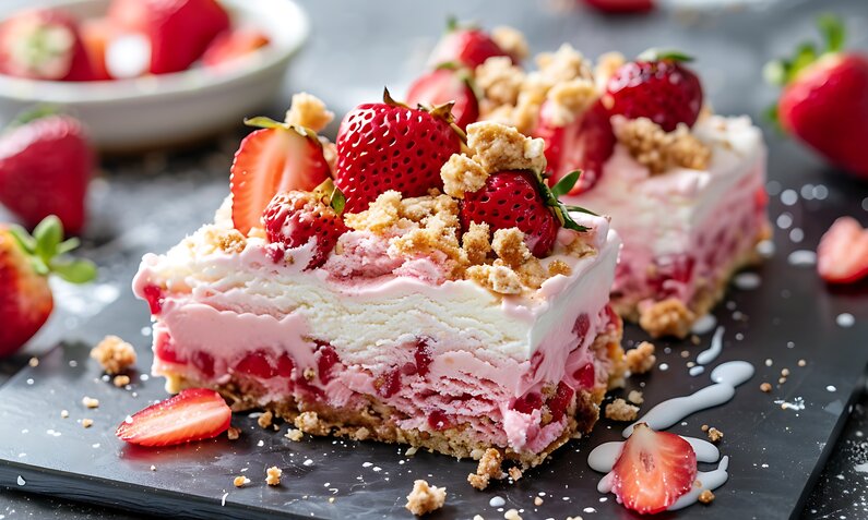 Angeschnittene Eistorte mit Erdbeeren und Crumble. | © Adobe Stock / Bonnie