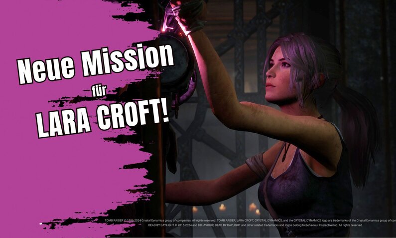 Lara Croft mit Pferdeschwanz und Taschenlampe untersucht ein altes Gerät, Text "Neue Mission für Lara Croft!". | © Behaviour Interactive