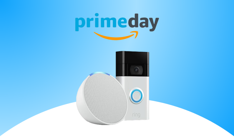 Das Logo ds Amazon Prime Day, darunter die Ring Videotürklingel neben einem Echo Pop in Weiß | © Amazon