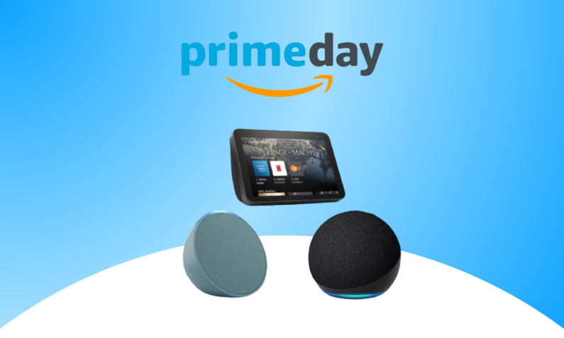 Das Logo des Prime Day 2024, darunter ein Echo Dot, ein Echo Pop und ein Echo Show 5 | © Amazon