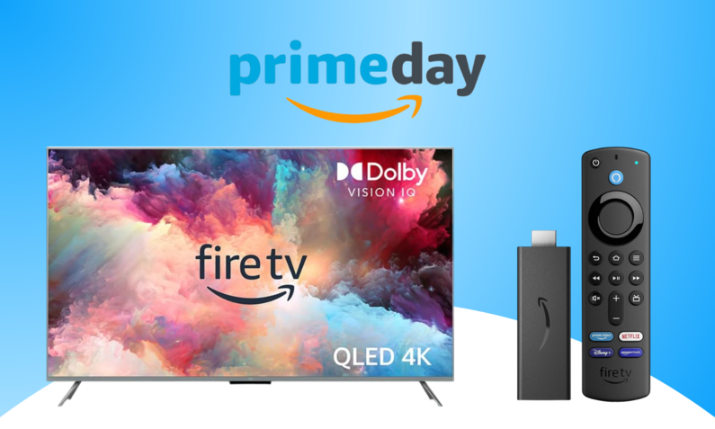 Das Logo des Prime Day 2024, darunter ein Amazon Fire TV in schwarz mit dem Logo auf dem Bildschirm, daneben die Alexa-Sprachfernbedienung und der Amazon Fire TV Stick 4k Max | © Amazon