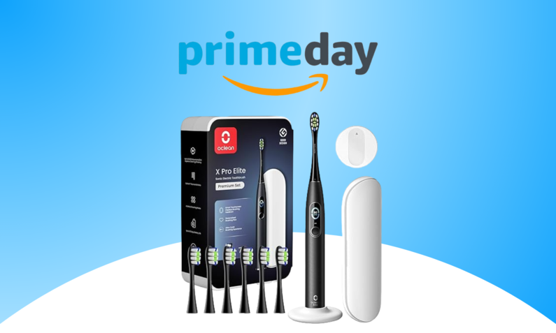 Das Logo des Prime Day 2024, darunter die elektrischen Zahnbürste X Pro Elite  von Oclean in schwarz mit 6 Extrabürsten und weißer Hülle | © Amazon/Oclean